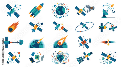 Space Debris and Satellite Technology Flat Vector Icon Set. Orbital Junk, Collisions, Rockets  Earth Illustrations