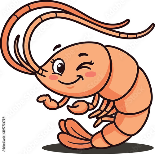 Charming shrimp cartoon mascot with winking eye perfect for seafood branding and children's illustrations