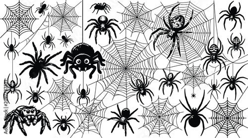 Black and white spider collection with webs halloween decorations and creepy crawly insect illustrations