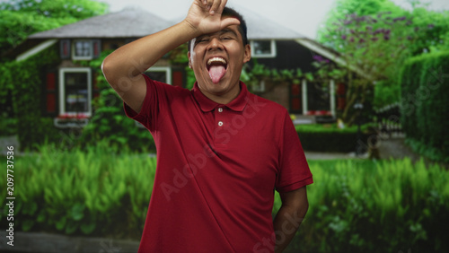Фотография Hispanic man wearing red polo shirt showing tongue and making l sign on forehead at building entrance; playful mischief
