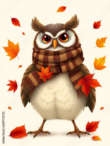 Illustration of a Owl juggling autumn leaves in enchanted forest