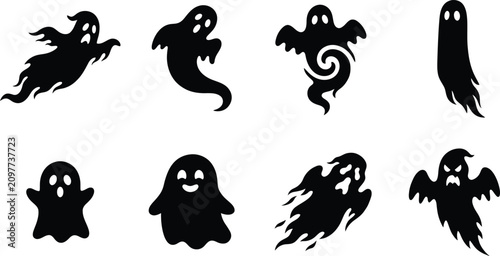 Eight black silhouette ghost icons for halloween decorations spooky party supplies and digital design projects
