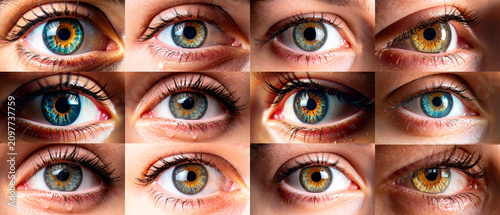 Human eyes collage showing diverse iris colors and pupils