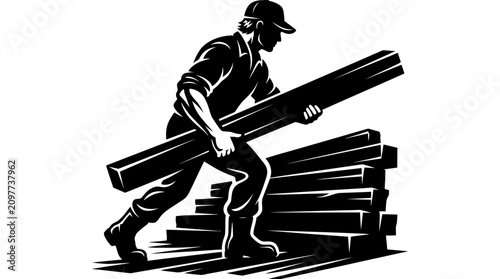 Cuadro en lienzo Construction worker carrying lumber, silhouette, industrial labor, building mate