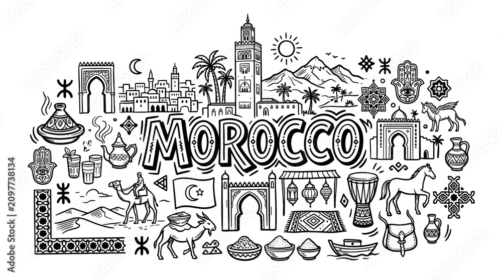 Naklejka premium Morocco North Africa Travel Icons in Black and White Hand Drawn Doodle Style