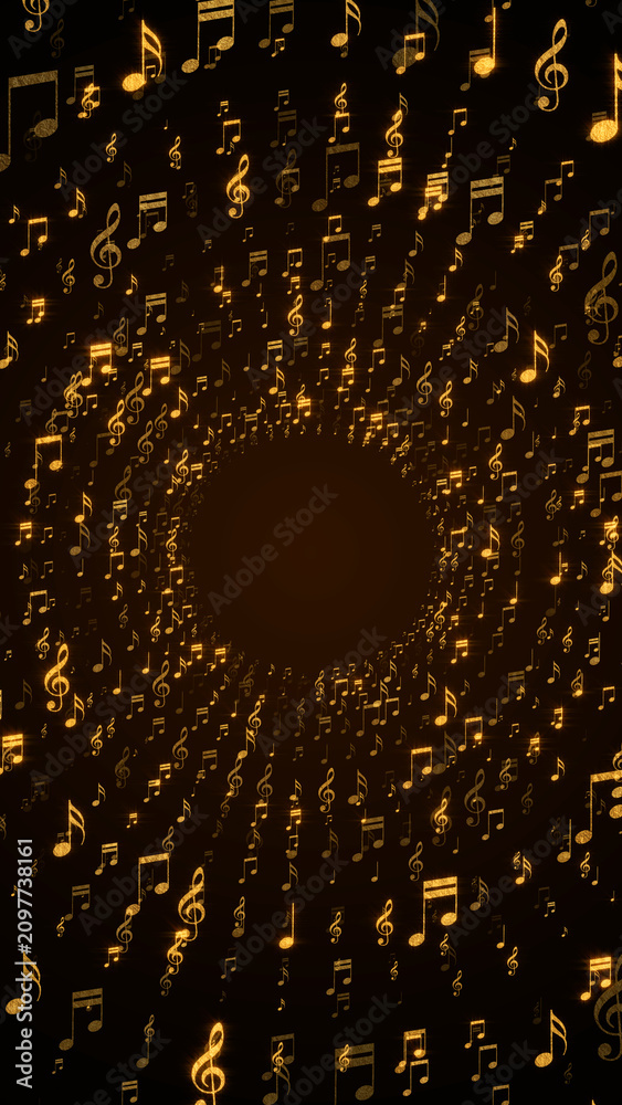 Naklejka premium golden music notes flying space tuunnel on dark background ,song, music and concert stream vertical social media background