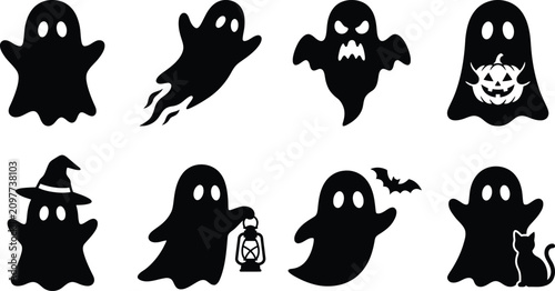 Halloween ghost silhouettes collection spooky vector graphics for festive designs and seasonal decorations