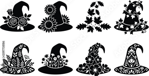 Collection of eight black silhouette witch hats decorated with various floral and botanical designs