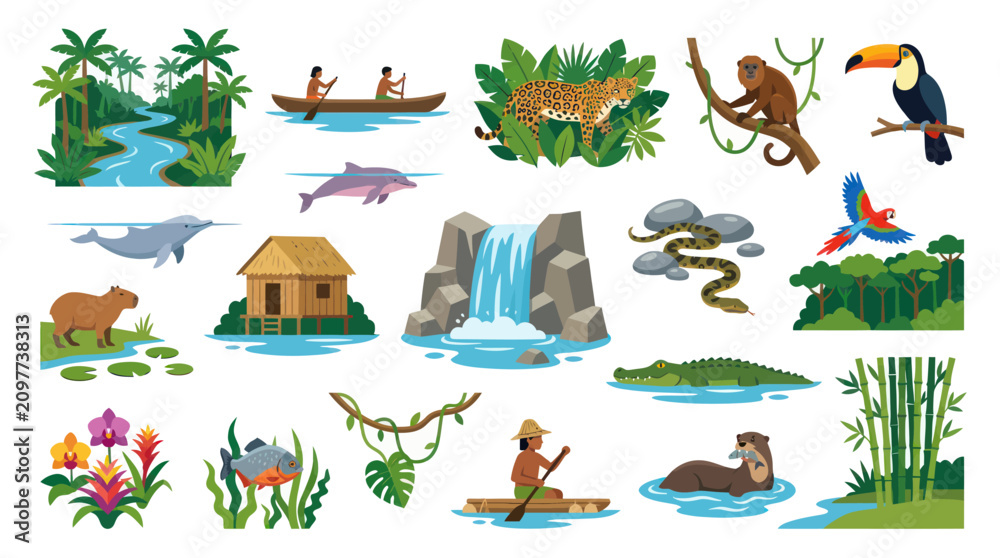 Obraz premium Flat Amazon Rainforest Icons Set - Wildlife, Nature, and Indigenous People Elements Vector Art