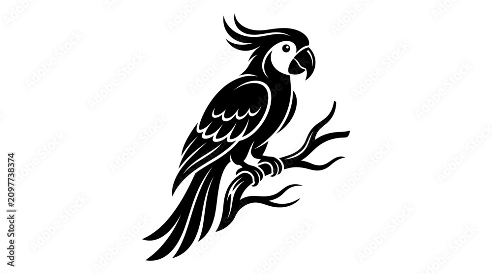 Fototapeta premium Black Silhouette of a Parrot Perched on a Branch, Isolated on White Background