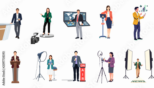 Konstfotografi Collection of flat design illustrations showing diverse news anchors, reporters, and broadcasters working in television studios and professional media environments