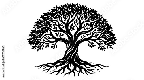 Tableau sur toile Black silhouette of a stylized tree of life with intricate branches and roots on