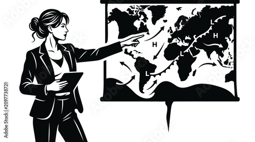 Bild auf Leinwand Businesswoman presenting world map with ocean currents and weather patterns