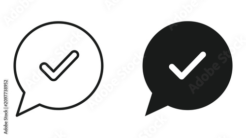 Checkmark speech bubble icons outline and solid version set with checkmark