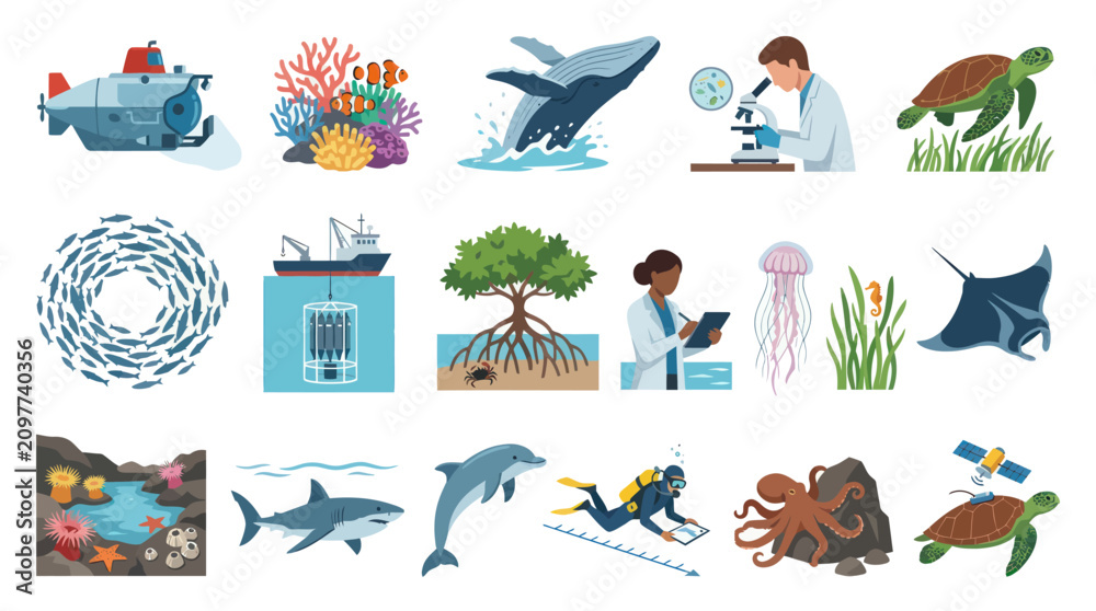 Obraz premium Marine Science and Ocean Life Flat Vector Elements Set. Oceanography, Underwater Exploration, Sea Creatures.