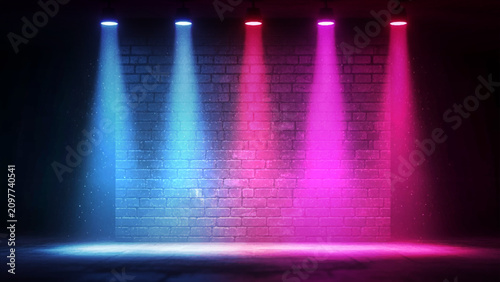Five vertical spotlights casting blue, purple, and pink beams onto a dark, textured brick wall in a dimly lit indoor space