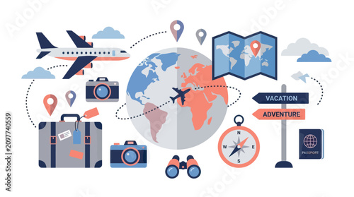 Canvas Print Travel and Vacation Concept: Globe, Airplane, Luggage, Map, Compass, Passport