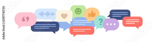 Speech bubbles with icons: chat, voice, like, emoji, question, isolated on white