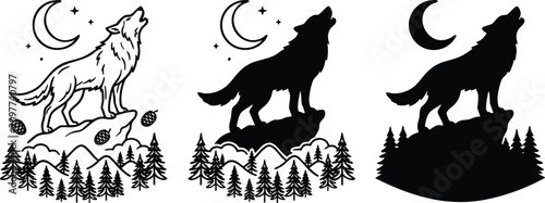 Foto Three stylized graphic illustrations depict a majestic howling wolf standing on