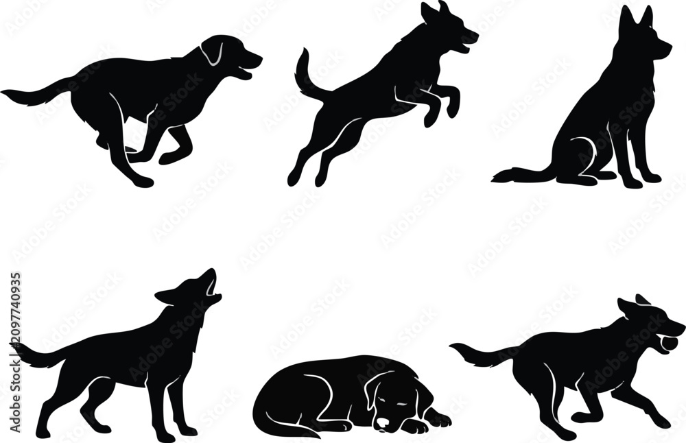 Obraz premium Set of Active Dog Silhouettes in Various Poses and Actions