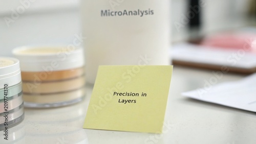 Sticky Note Message on Table Surrounded by Cosmetic Products in a Clean Workspace for Precision and MicroAnalysis