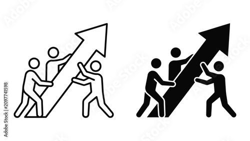Business team pushing upward rising arrow icon set with teamwork, progress