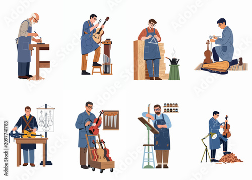 Fotografie Collection of flat vector illustrations depicting luthiers and artisans meticulously crafting, repairing, and inspecting violins and guitars in various workshop settings