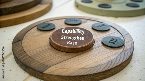 Wooden game piece with strategic words emphasizing capability, strength, and foundation in a well-designed layout on a table