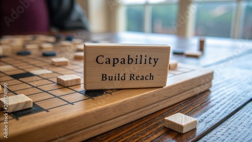 Wooden game pieces on a table featuring the words 'Capability Build Reach' with a blurred background of a cozy setting