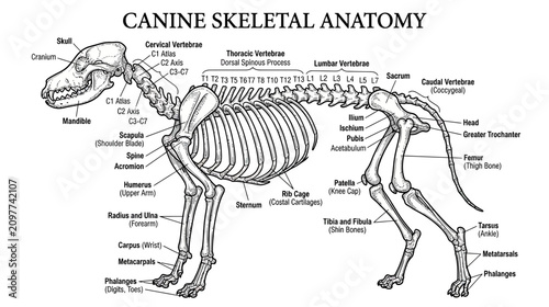 Tableau sur toile Canine Skeletal Anatomy Diagram: Dog Skeleton Structure, Bones, and Labels
