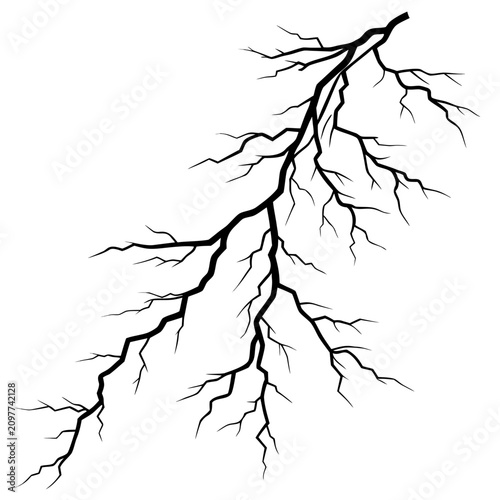 Foto Single Black Jagged Branching Lightning Bolt Strike Pattern on Plain White Surfa