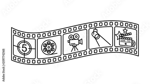 Obraz na plátně Film Reel Icons: Countdown, Camera, Spotlight, Clapperboard, Cinema Concept