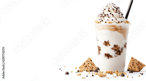 Delicious dessert featuring creamy ice cream topped with whipped cream, chocolate sprinkles, and cookie pieces, perfect for sweet treat