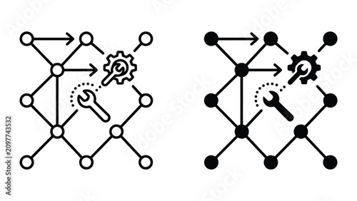 Network maintenance and system optimization gear icons in simple line style
