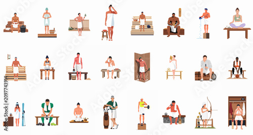 фотографія Collection of Diverse People Relaxing in Saunas and Spas Combined with Various S