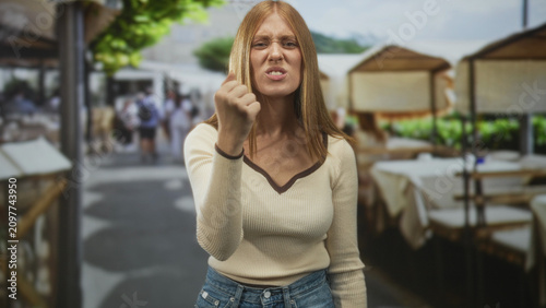 Woman beckons with clenched fist and extended hand at street cafe, visible face scrunch and forward posture; anger defiance.