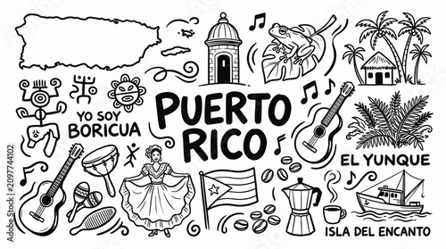 Puerto Rico Island Travel Poster in Black and White Hand Drawn Doodle Style