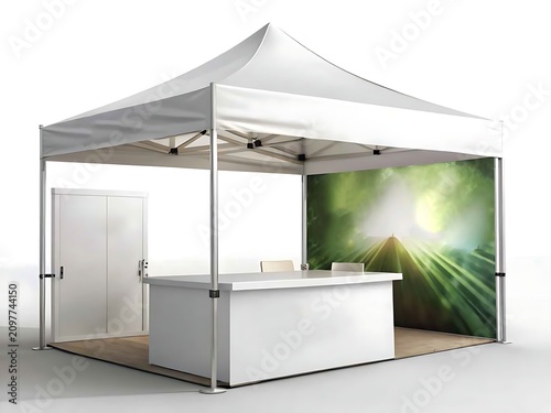 White Pop Up Canopy Tent with Counter and Nature Landscape Graphic Backdrop Display