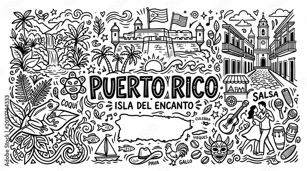Obraz premium Puerto Rico Island Travel Poster in Black and White Hand Drawn Doodle Style