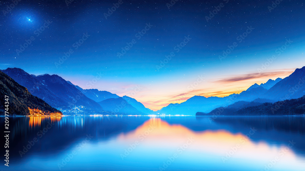 Fototapeta premium Serene landscape featuring tranquil lake reflecting twilight sky, surrounded by majestic mountains and twinkling stars