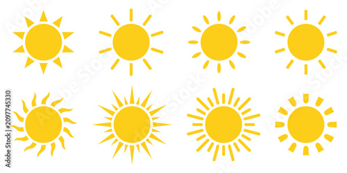 Orange sun icon set for summer, sunlight, solar energy, sunshine and sunset. Vector illustration and transparent png