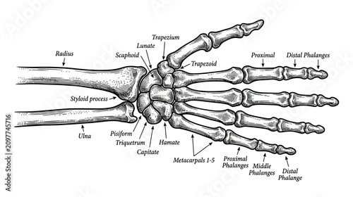 Fotografía Anatomical Illustration of Human Hand Skeleton with Labels