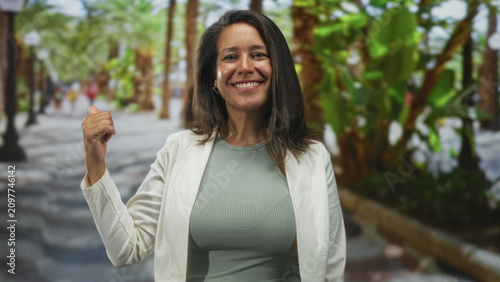Schilderij op canvas Hispanic woman middle aged brunette pointing thumb over shoulder with visible hand, smiling in a white blazer and green ribbed top on a palm tree lined street in daylight; confidence