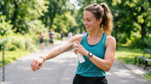 A woman exercising outdoors is spraying sunscreen spray on her arm.