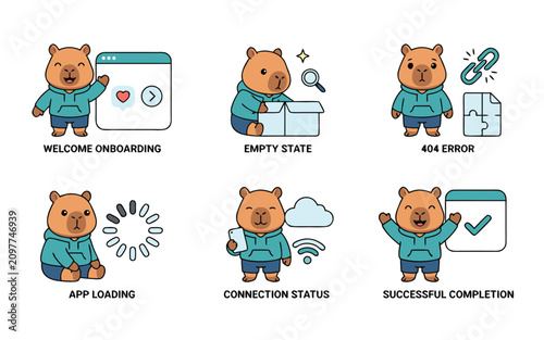 Cute Kawaii App Onboarding Character with Welcome Screen, Empty State, 404 Error, Loading and Success Completion, Isolated Transparent PNG, Suitable for Mobile App, UI UX and Website Design