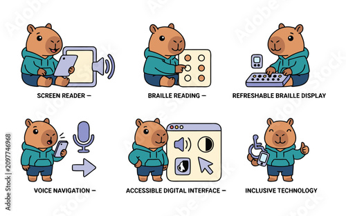 Cute Kawaii Accessibility Technology Mascot with Screen Reader, Braille Reading, Voice Navigation and Refreshable Braille Display, Isolated Transparent for Assistive Technology, Digital Accessibility