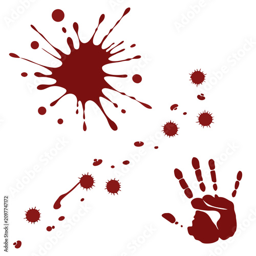 фотографія Set of blood splatters, splashes, and a handprint on a clean white background, creating a gruesome and startling visual effect for crime scenes or Halloween