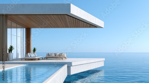 Obraz na płótnie Modern white cantilevered villa deck and infinity pool.