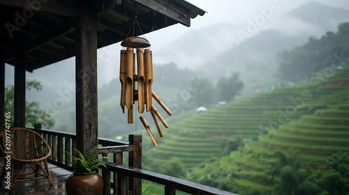 Bamboo Wind Chime on Wooden Balcony in Rain, Rice Terrace, Mountain