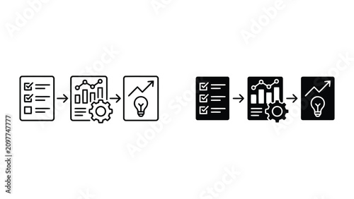 Business workflow and strategic development process icons with workflow